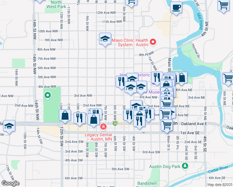 map of restaurants, bars, coffee shops, grocery stores, and more near 610 3rd Avenue Northwest in Austin