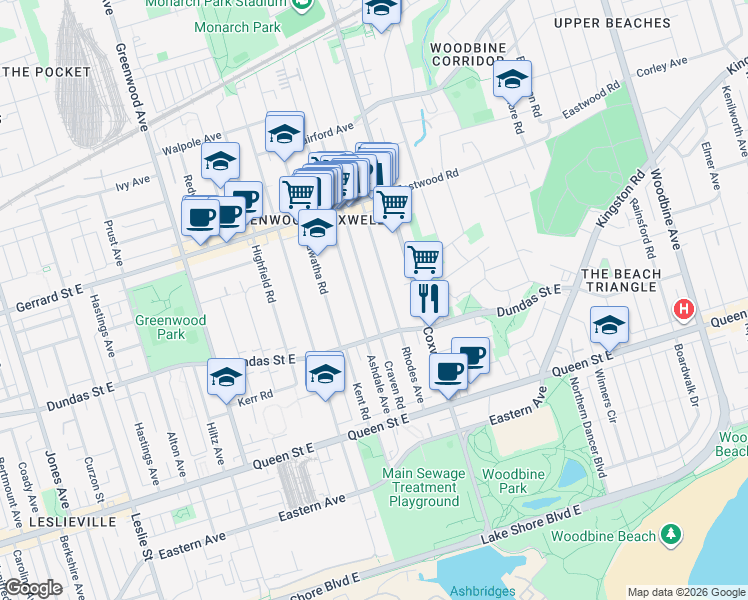 map of restaurants, bars, coffee shops, grocery stores, and more near 243 Craven Road in Toronto
