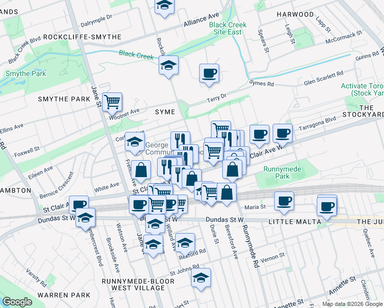 map of restaurants, bars, coffee shops, grocery stores, and more near 20 Castleton Avenue in Toronto