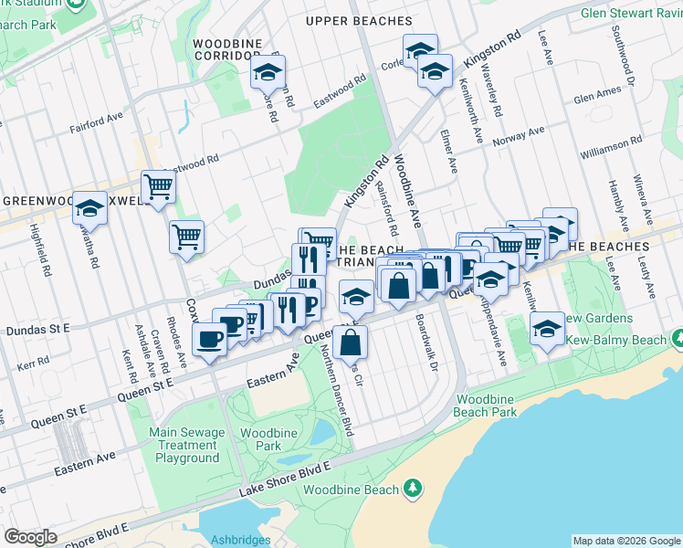 map of restaurants, bars, coffee shops, grocery stores, and more near 25 Dixon Avenue in Toronto