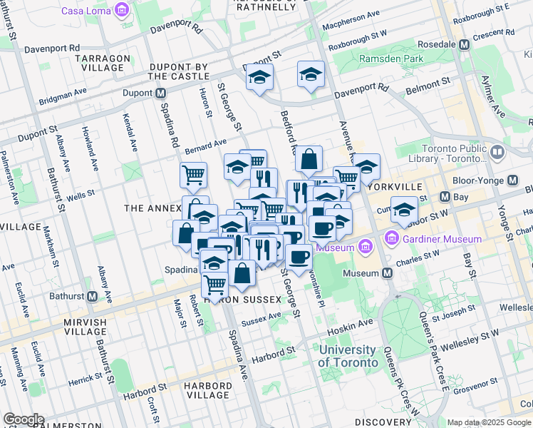 map of restaurants, bars, coffee shops, grocery stores, and more near 190 St George St in Toronto