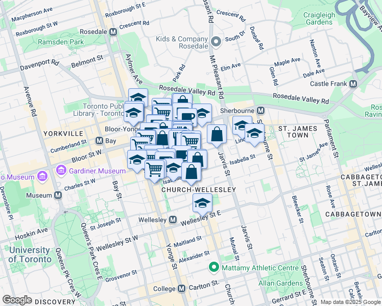 map of restaurants, bars, coffee shops, grocery stores, and more near 32 Charles Street East in Toronto