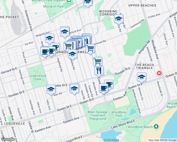 map of restaurants, bars, coffee shops, grocery stores, and more near 243 Craven Road in Toronto