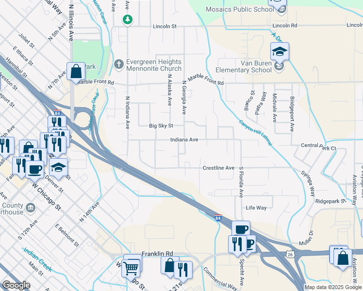 map of restaurants, bars, coffee shops, grocery stores, and more near 109 County Fair Avenue in Caldwell