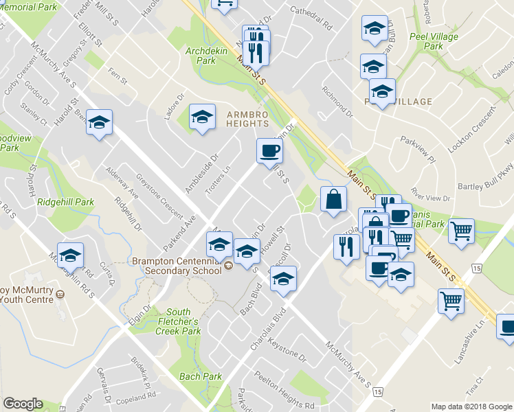 map of restaurants, bars, coffee shops, grocery stores, and more near 15 Armbro Avenue in Brampton