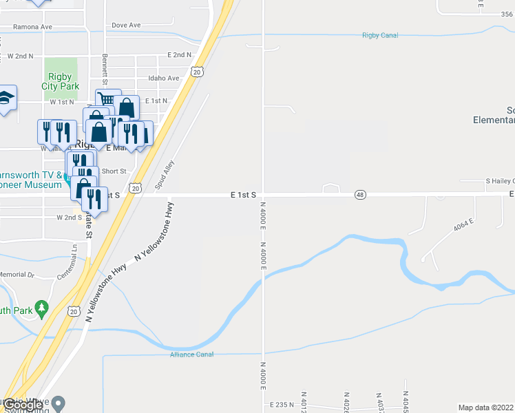 map of restaurants, bars, coffee shops, grocery stores, and more near 460 East 1st South in Rigby