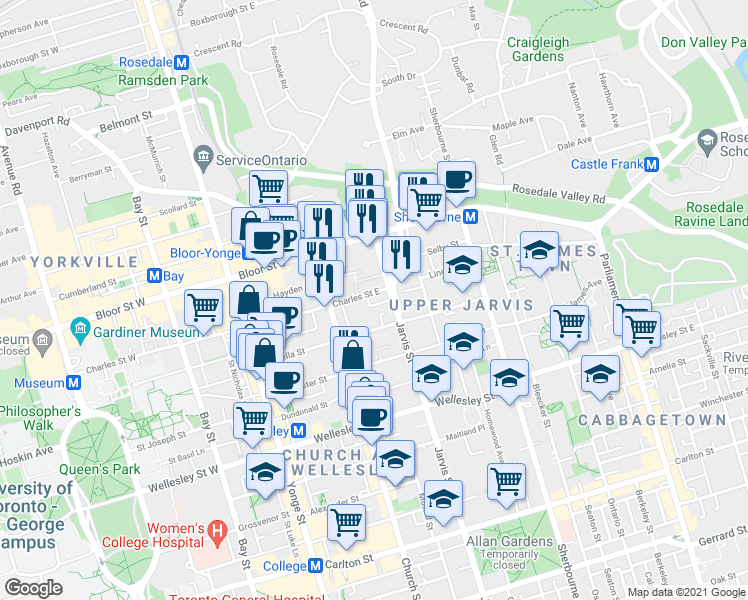 map of restaurants, bars, coffee shops, grocery stores, and more near 101 Charles Street East in Toronto
