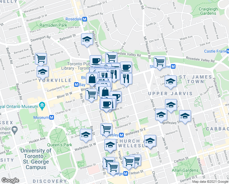 map of restaurants, bars, coffee shops, grocery stores, and more near 35 Hayden Street in Toronto