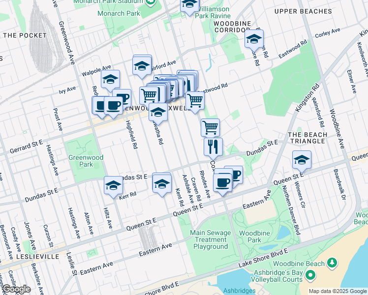 map of restaurants, bars, coffee shops, grocery stores, and more near 243 Craven Road in Toronto