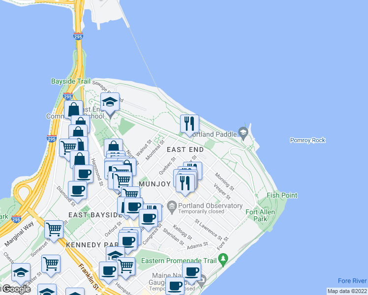 map of restaurants, bars, coffee shops, grocery stores, and more near 14 Quebec Street in Portland