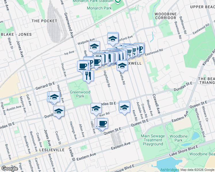 map of restaurants, bars, coffee shops, grocery stores, and more near in Toronto