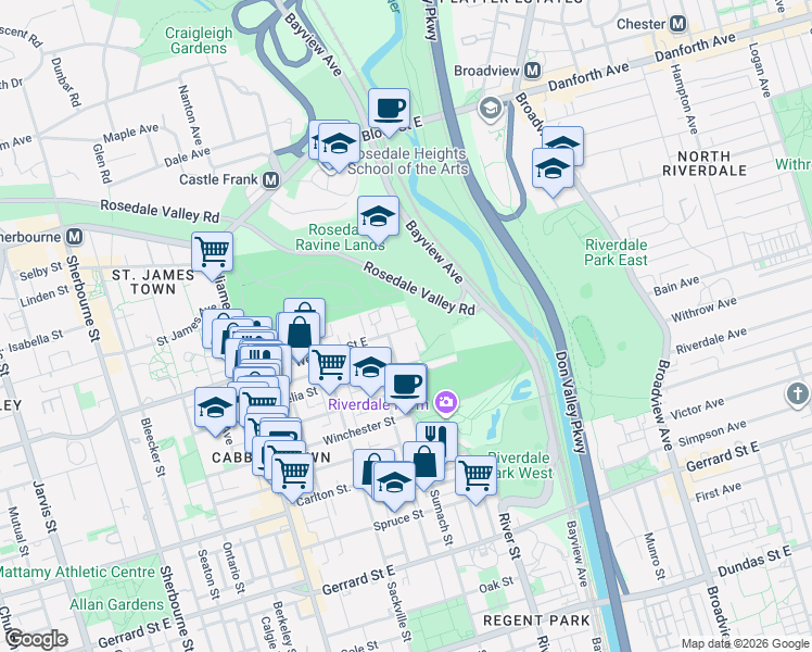 map of restaurants, bars, coffee shops, grocery stores, and more near 456 Wellesley Street East in Toronto