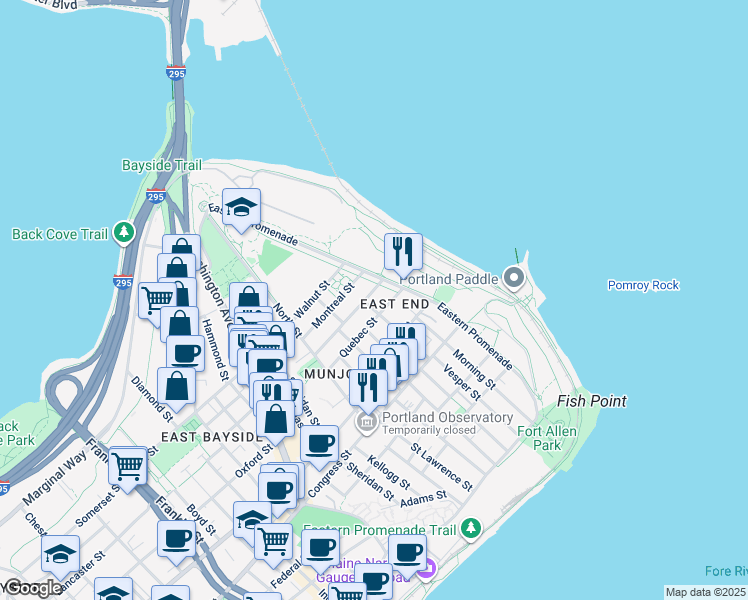 map of restaurants, bars, coffee shops, grocery stores, and more near 63 Emerson Street in Portland