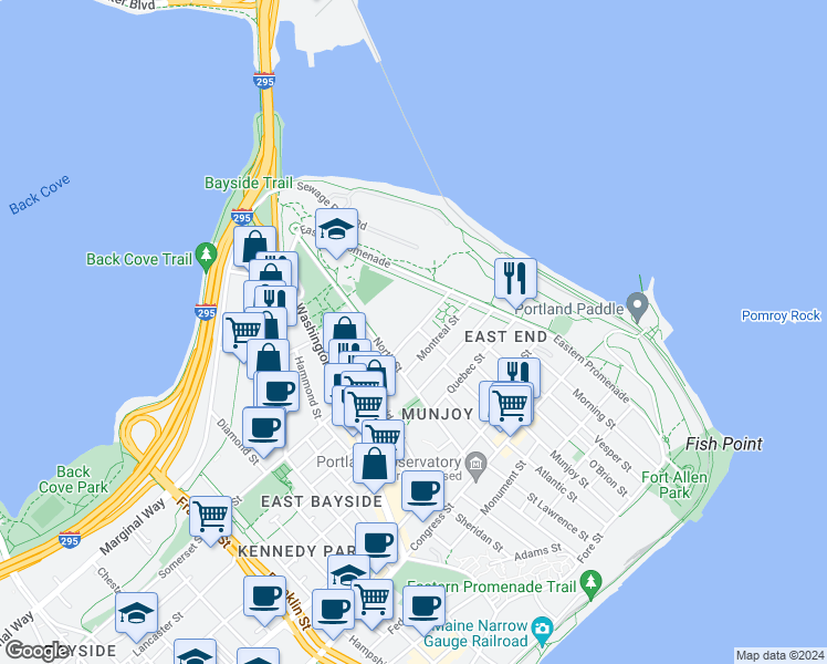 map of restaurants, bars, coffee shops, grocery stores, and more near 44 Walnut Street in Portland