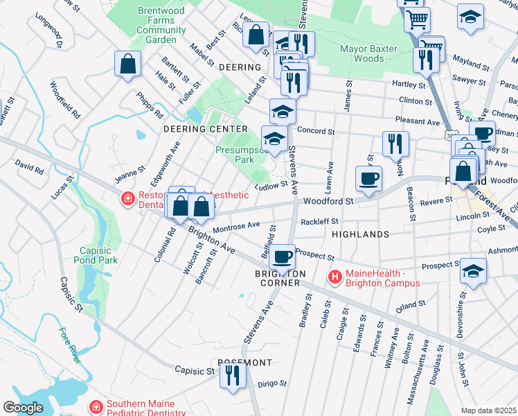 map of restaurants, bars, coffee shops, grocery stores, and more near 428 Woodford Street in Portland