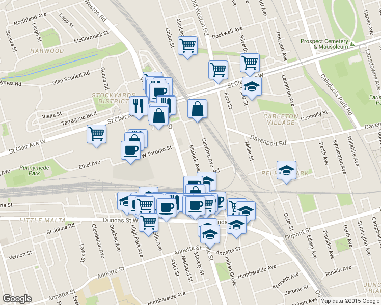 map of restaurants, bars, coffee shops, grocery stores, and more near in Toronto