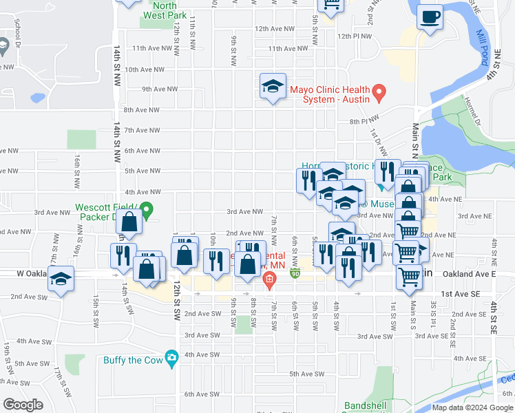 map of restaurants, bars, coffee shops, grocery stores, and more near 902 3rd Avenue Northwest in Austin
