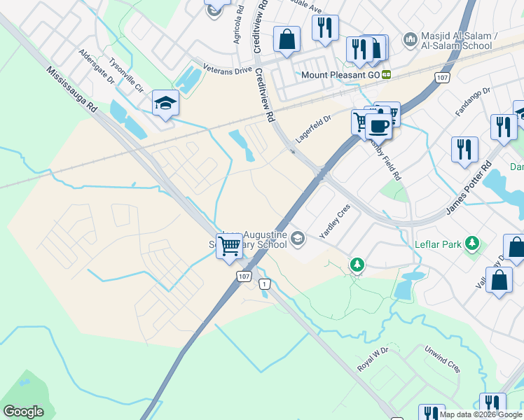 map of restaurants, bars, coffee shops, grocery stores, and more near 90 All Nations Drive in Brampton