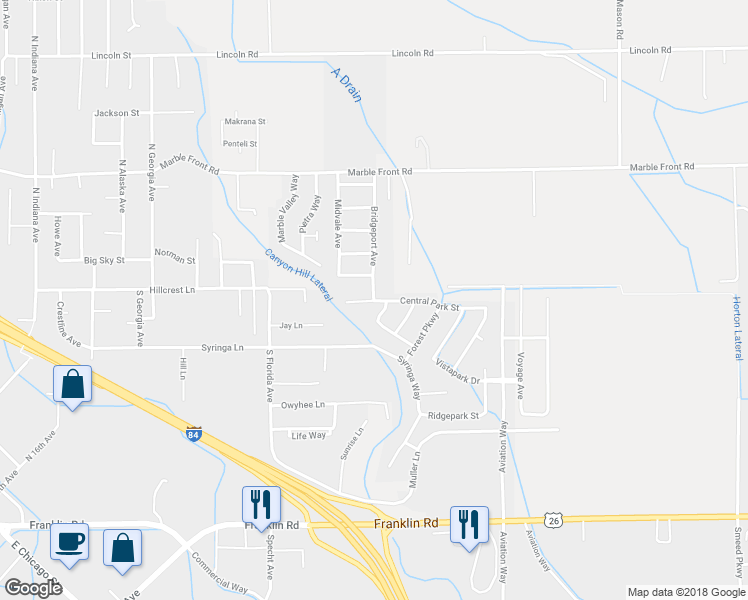 map of restaurants, bars, coffee shops, grocery stores, and more near 3417 Central Park Court in Caldwell