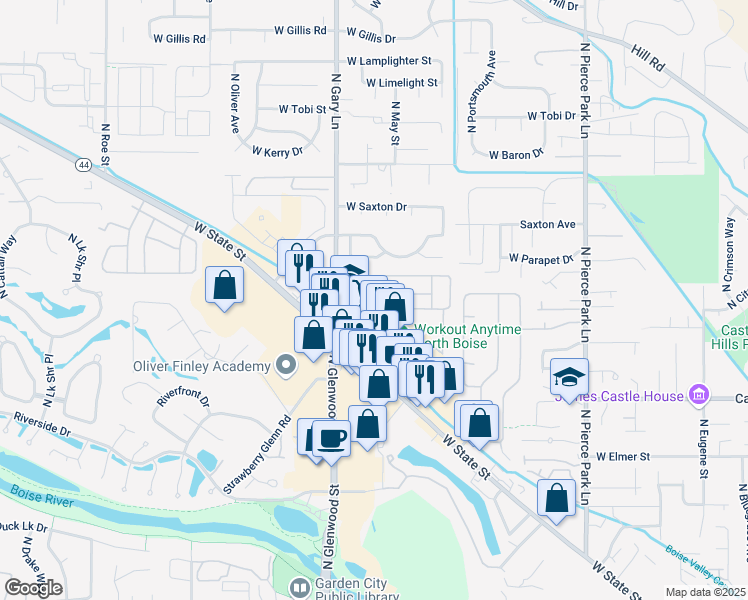 map of restaurants, bars, coffee shops, grocery stores, and more near 5450 Glenbrier Lane in Boise