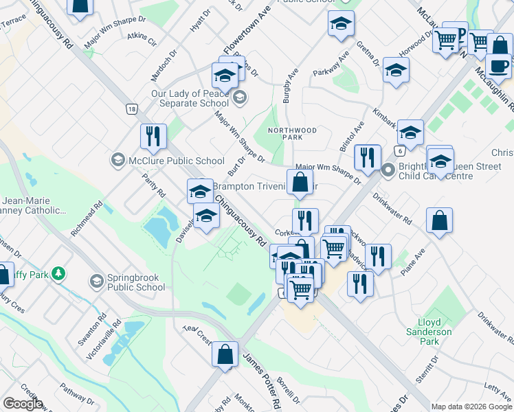 map of restaurants, bars, coffee shops, grocery stores, and more near 4 Cox Crescent in Brampton