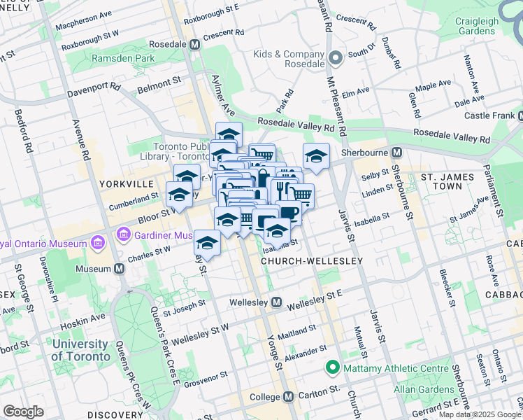 map of restaurants, bars, coffee shops, grocery stores, and more near 35 Hayden Street in Toronto