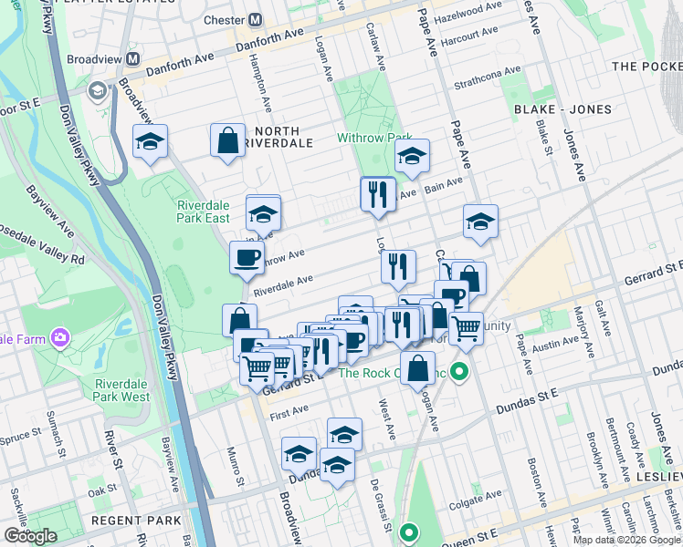 map of restaurants, bars, coffee shops, grocery stores, and more near 105 Riverdale Avenue in Toronto