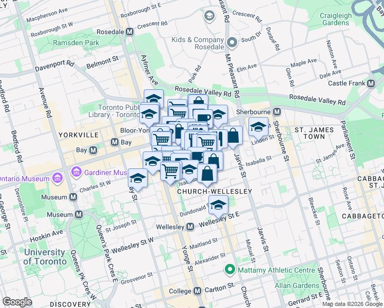 map of restaurants, bars, coffee shops, grocery stores, and more near 50 Charles Street East in Toronto