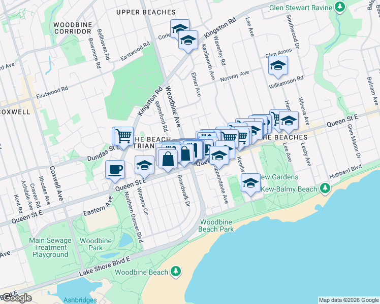 map of restaurants, bars, coffee shops, grocery stores, and more near 227 Woodbine Avenue in Toronto