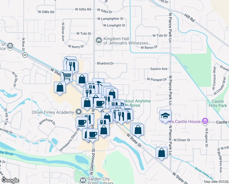 map of restaurants, bars, coffee shops, grocery stores, and more near 5450 Glenbrier Lane in Boise