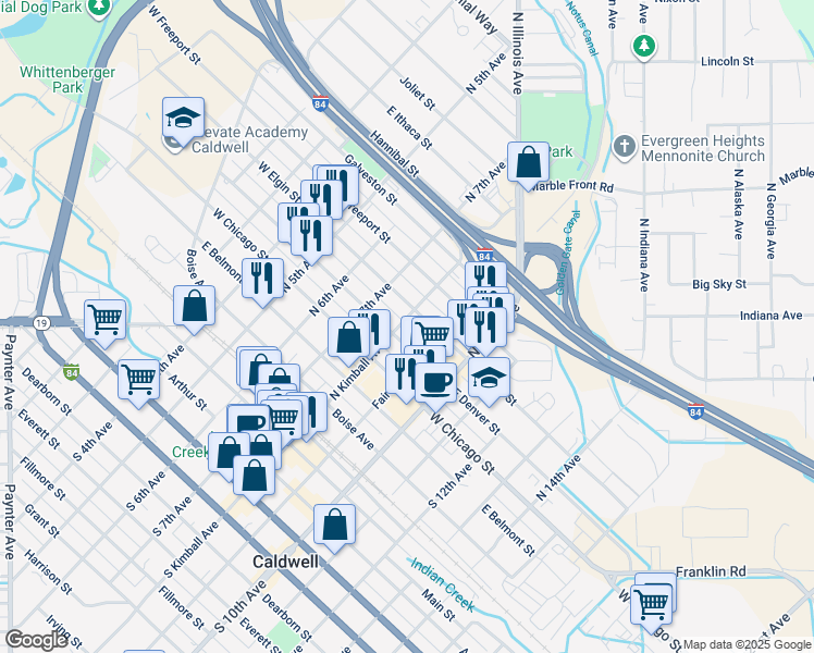 map of restaurants, bars, coffee shops, grocery stores, and more near 818 East Elgin Street in Caldwell