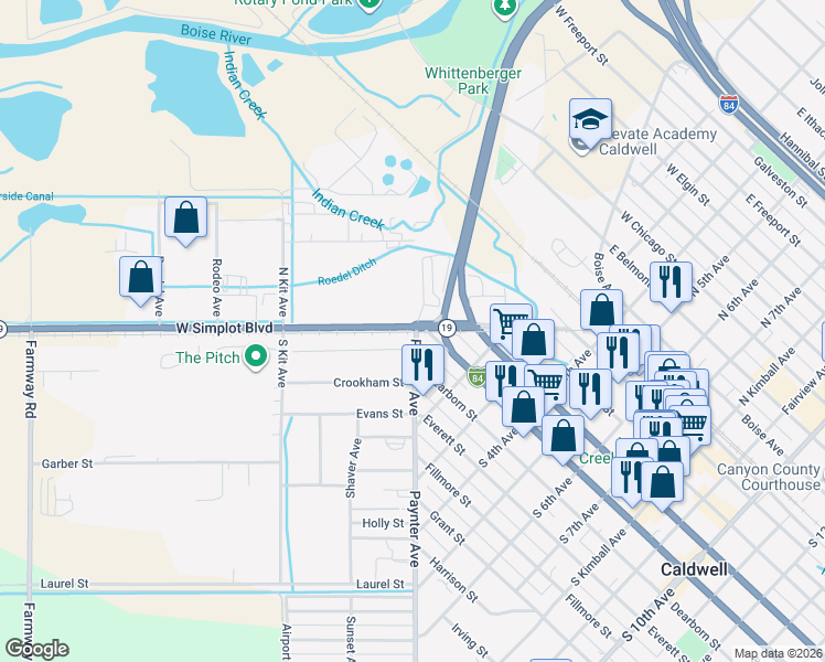 map of restaurants, bars, coffee shops, grocery stores, and more near 114 West Simplot Boulevard in Caldwell