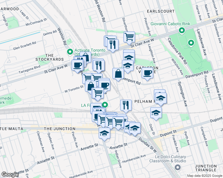 map of restaurants, bars, coffee shops, grocery stores, and more near 6 Junction Road in Toronto