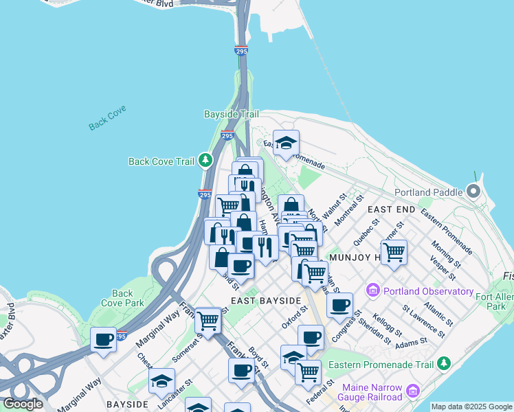 map of restaurants, bars, coffee shops, grocery stores, and more near 203 Anderson Street in Portland