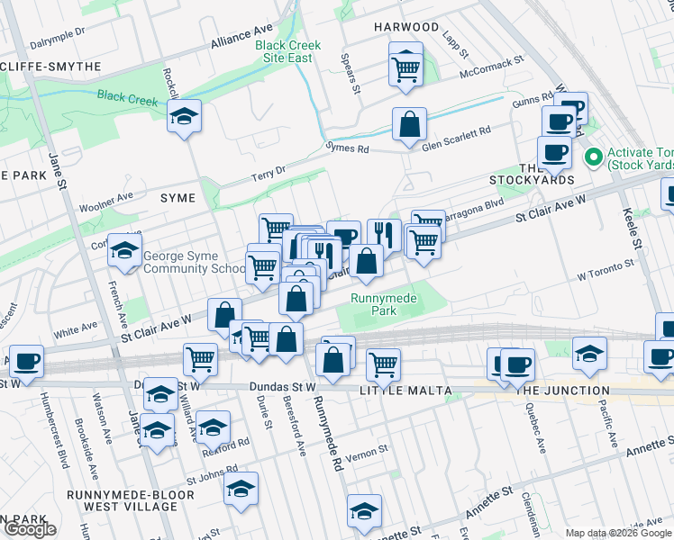 map of restaurants, bars, coffee shops, grocery stores, and more near 2386 Saint Clair Avenue West in Toronto