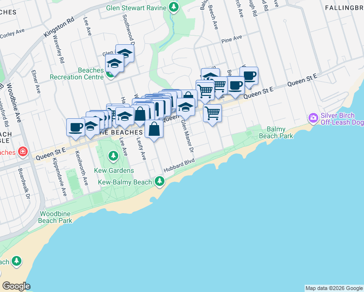 map of restaurants, bars, coffee shops, grocery stores, and more near 41 Scarboro Beach Boulevard in Toronto
