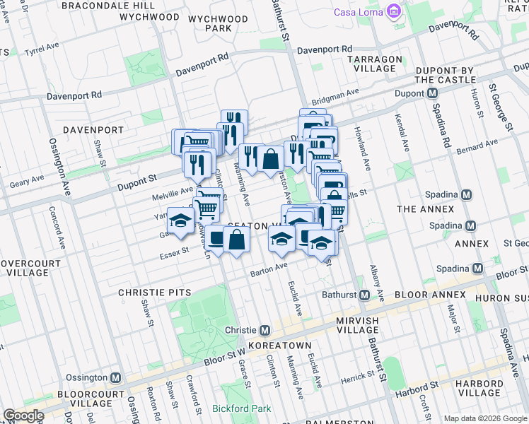 map of restaurants, bars, coffee shops, grocery stores, and more near 86 Olive Avenue in Toronto