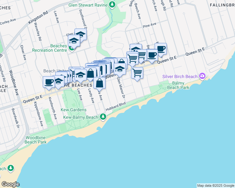 map of restaurants, bars, coffee shops, grocery stores, and more near 41 Scarboro Beach Boulevard in Toronto