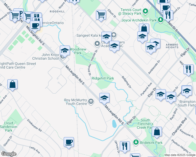 map of restaurants, bars, coffee shops, grocery stores, and more near 34 Fletcher Drive in Brampton