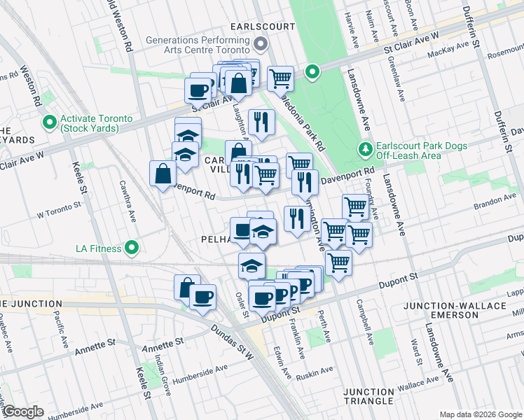 map of restaurants, bars, coffee shops, grocery stores, and more near 84 Laughton Avenue in Toronto