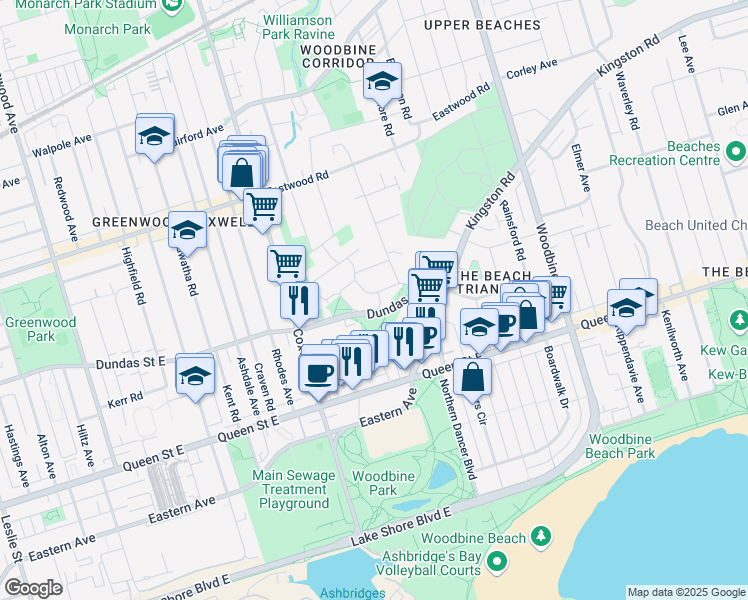 map of restaurants, bars, coffee shops, grocery stores, and more near 56 Maughan Crescent in Toronto