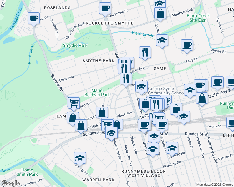 map of restaurants, bars, coffee shops, grocery stores, and more near 32 Florence Crescent in Toronto