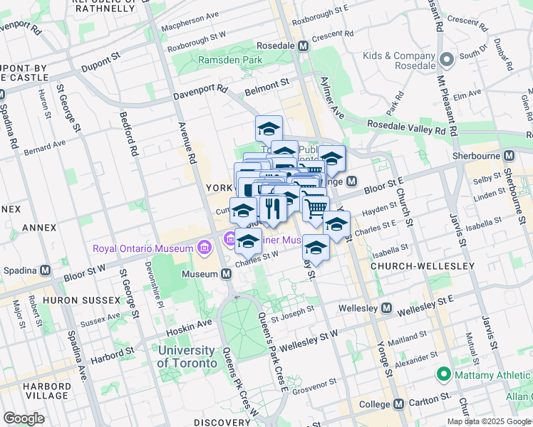 map of restaurants, bars, coffee shops, grocery stores, and more near 100 Bloor Street West in Toronto