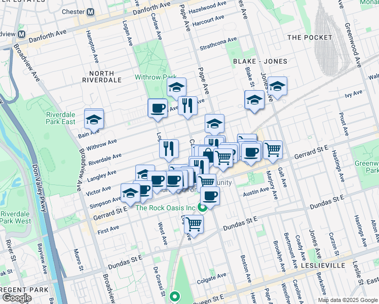 map of restaurants, bars, coffee shops, grocery stores, and more near 197 Langley Avenue in Toronto