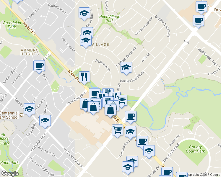 map of restaurants, bars, coffee shops, grocery stores, and more near 8 River View Drive in Brampton