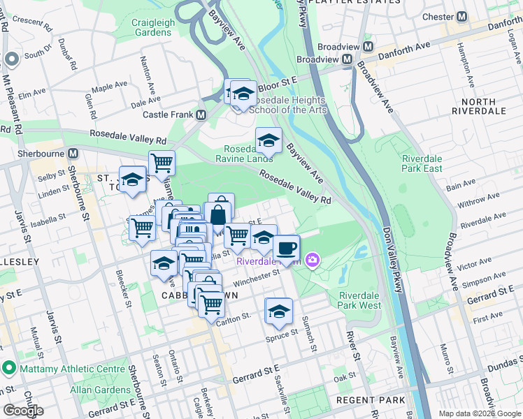 map of restaurants, bars, coffee shops, grocery stores, and more near 5 Wellesley Avenue in Toronto