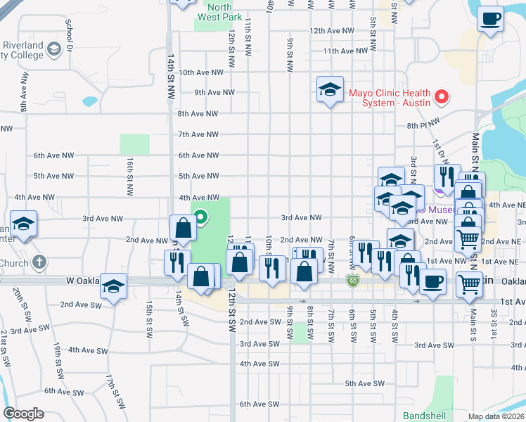 map of restaurants, bars, coffee shops, grocery stores, and more near 1104 3rd Avenue Northwest in Austin