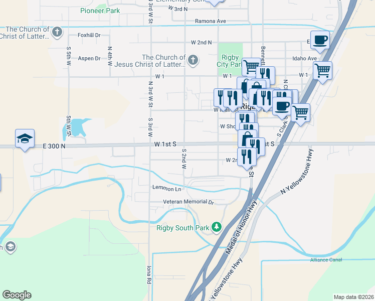 map of restaurants, bars, coffee shops, grocery stores, and more near 224 South 2nd West in Rigby