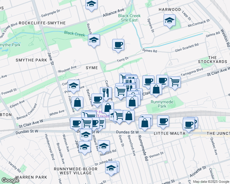 map of restaurants, bars, coffee shops, grocery stores, and more near Liverpool Street in Toronto
