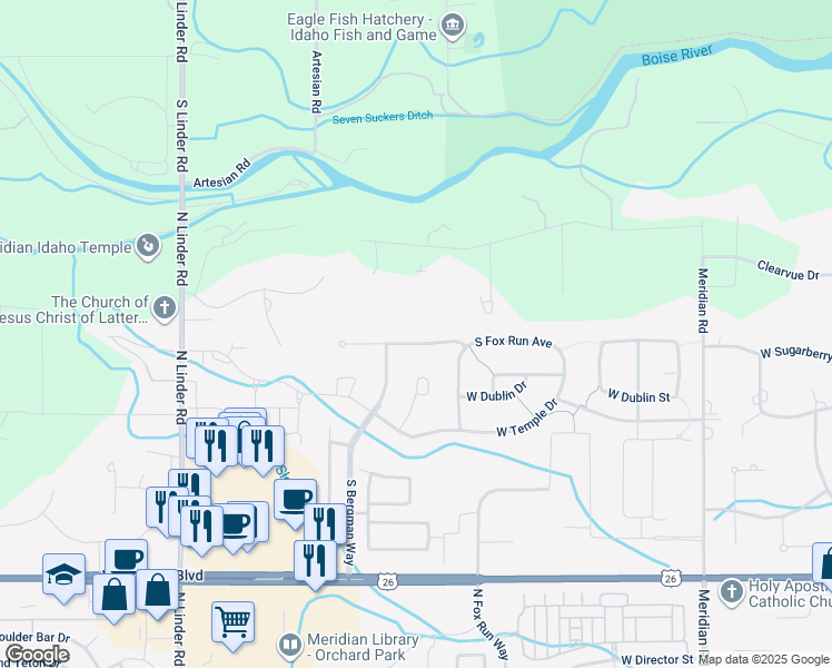map of restaurants, bars, coffee shops, grocery stores, and more near 4088 West Sugarberry Street in Eagle